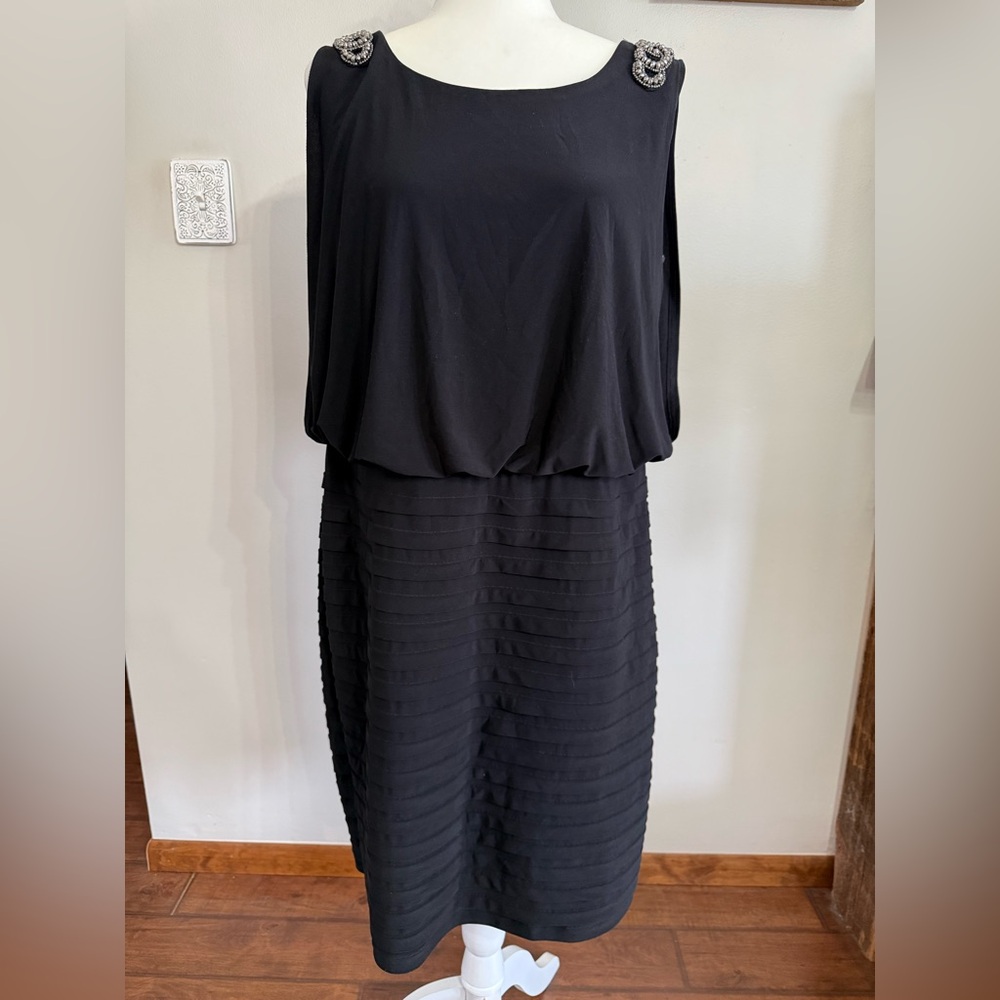 Black Midi Dress with Silver Detail Shoulders - Size 14